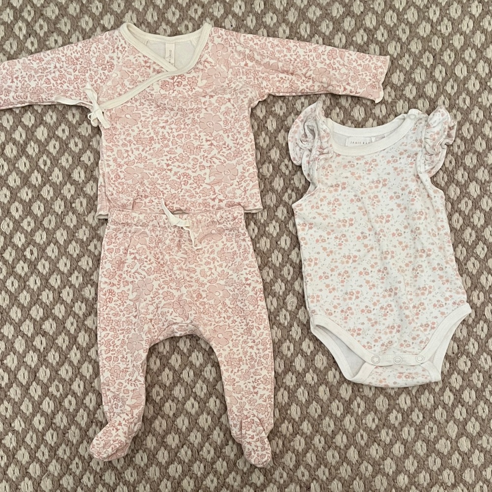 Organic Quincy Mae Wrap Top + Footed Pant Set and Jamie Kay Floral Onesie